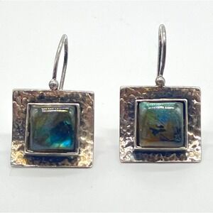 Vintage Signed Silpada .925 Silver Labradorite Hammered Dangle Drop Earrings